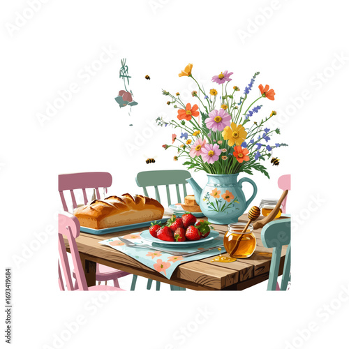 wildflowers , a table with bread and jam , wooden chair , spring garden table with chair and other decorations , breakfast table 