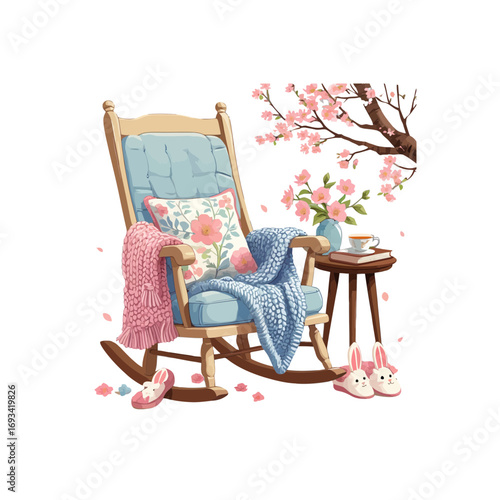 rocking chair in the garden, wooden rocking chair , rocking chair with spring background , chair , coffee table and sleepers 