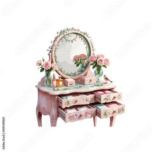 mirror and flowers , spring circle mirror with drawers , flower vases and cosmetic items , dressing table