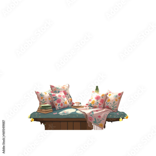 outdoor sofa , wooden bed , daybed , sofa ,  spring sofa with books and a mug