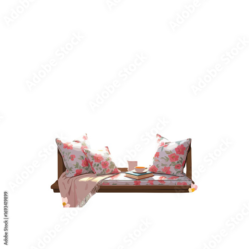 outdoor sofa , wooden bed , daybed , sofa ,  spring sofa with books and a mug