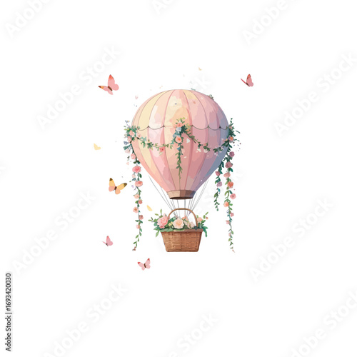 ester air balloon , spring hot air balloon with flowers and butterflies 