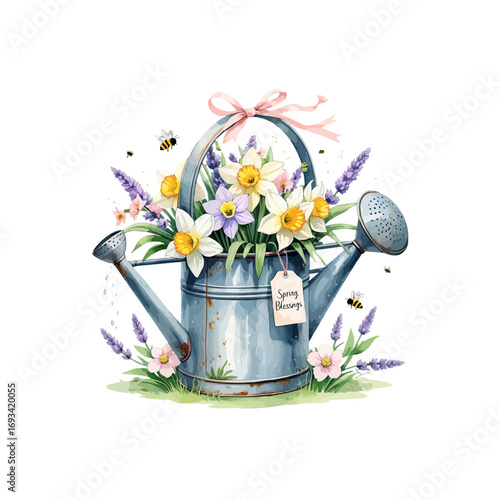 watering can with flowers and bees