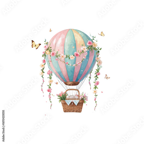 ester air balloon , spring hot air balloon with flowers and butterflies 