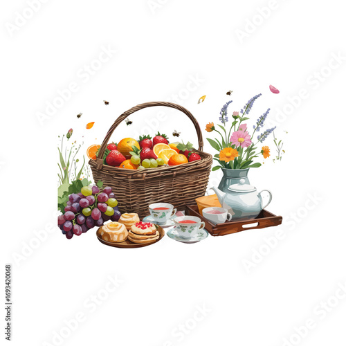 basket with fruits and vegetables , wicker basket with fruits , tea pot flower basket and pastries arranged on a wooden tray , bees , flower vase and a picnic food basket