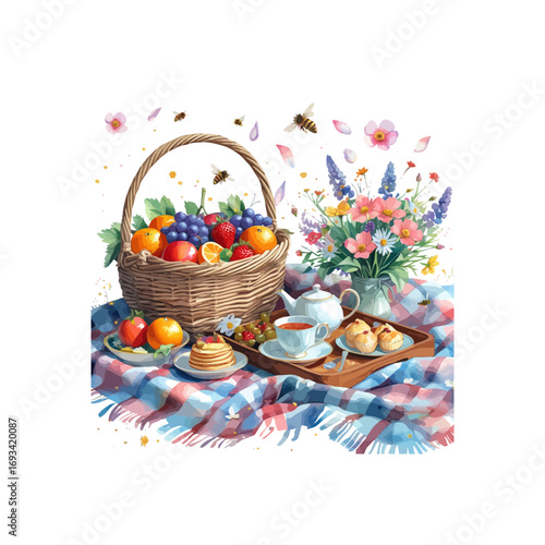 basket with fruits and vegetables , wicker basket with fruits , tea pot flower basket and pastries arranged on a wooden tray , bees , flower vase and a picnic food basket