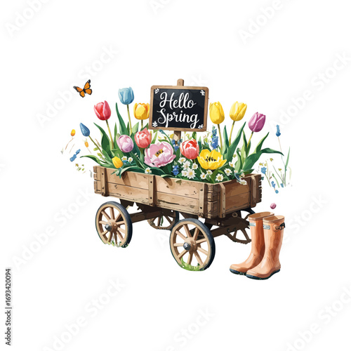 cart with flowers , wheelbarrow , tulips , flowers and boots , spring themed image 