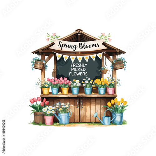 shop window with flowers and birds , spring blooms , flower market , flower stall , flower pots with flower and water can