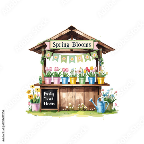 shop window with flowers and birds , spring blooms , flower market , flower stall , flower pots with flower and water can