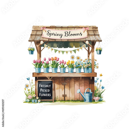 shop window with flowers and birds , spring blooms , flower market , flower stall , flower pots with flower
