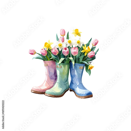spring flowers in a boot , beautiful flowers with rain boots , gardening boots , boots with flowers