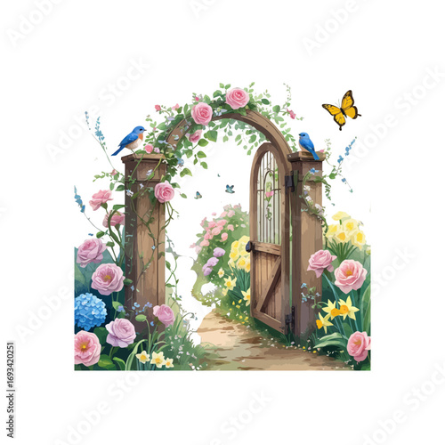 door and flowers , wooden gate , butterflies and birds , spring gate with flowers , butterflies and birds , wooden arch with flowers , birds and butterflies