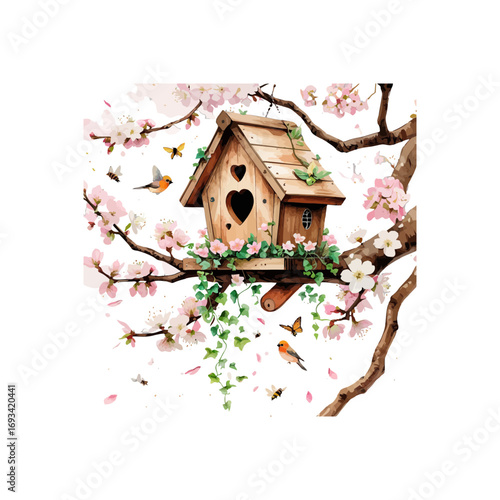 bird cage among spring flowers