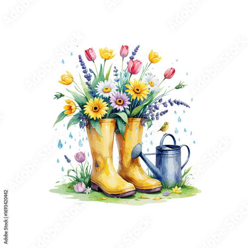 flowers, gardening shoes and watering can