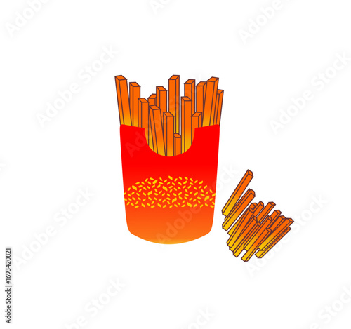 French fries pattern in a red paper container. Perfect for food-themed background, or graphic element for fast food concepts, restaurant promotions, packaging, or digital design projects.