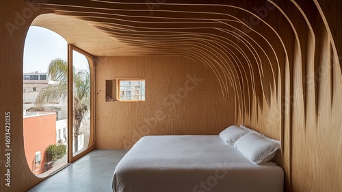 Modern bedroom with unique wood paneling, large window, and a simple bed