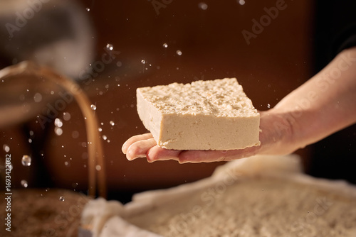 The Artisanal Process of Creating Tofu and Soy Milk by Hand,Critical Moment:Curding Soy Milk to Form Tofu