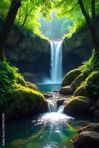 Serene waterfall cascading down mossy rocks into a tranquil creek, surrounded by lush green foliage Sunlight filters through the trees, creating a magical atmosphere , trees, foliage