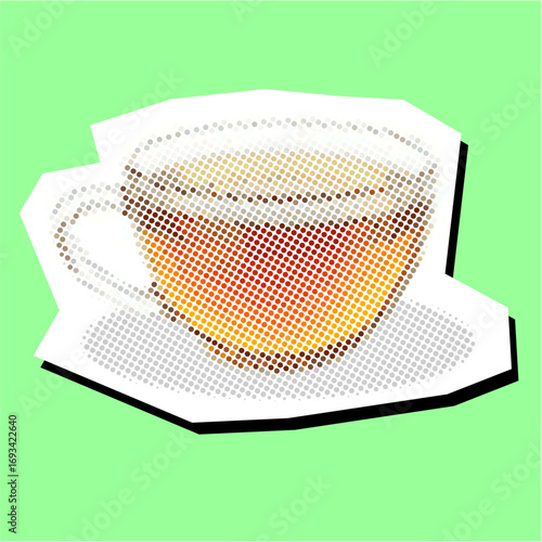 Cup of tea halftone dotted collage element pointillize in paper torn vector. A unique design for cafes, relaxation, and tea-related themes. Combines classic imagery with a modern, artistic look.