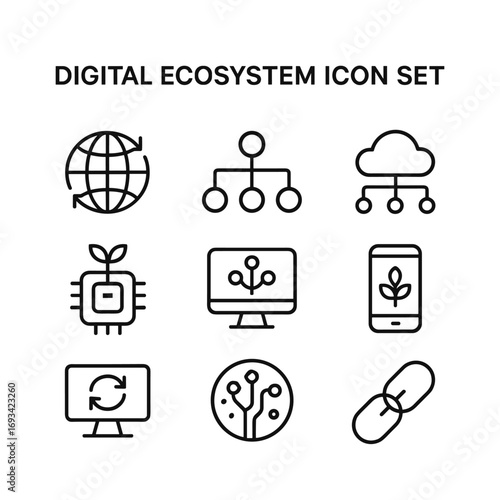 Digital ecosystem technology icons collection. Outline symbols. Line design