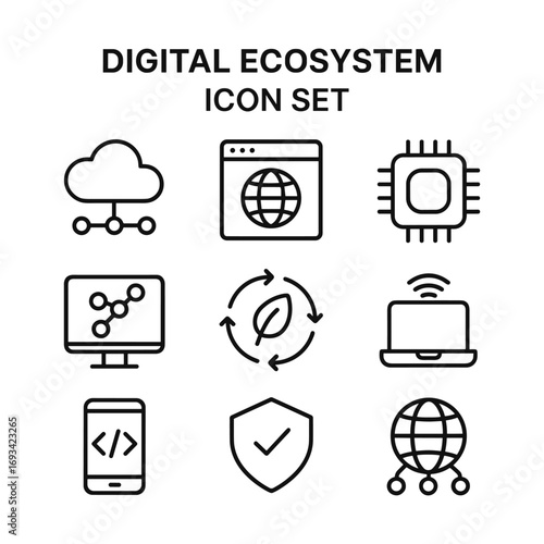 Technology ecosystem network symbols. Outline symbols. Line design