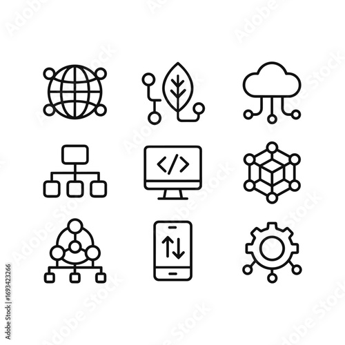 Cloud ecosystem platform icons. Outline symbols. Line design