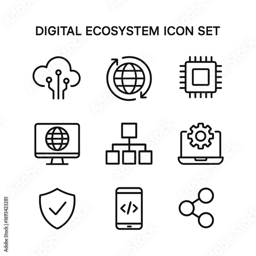 Data connectivity ecosystem symbols. Outline symbols. Line design