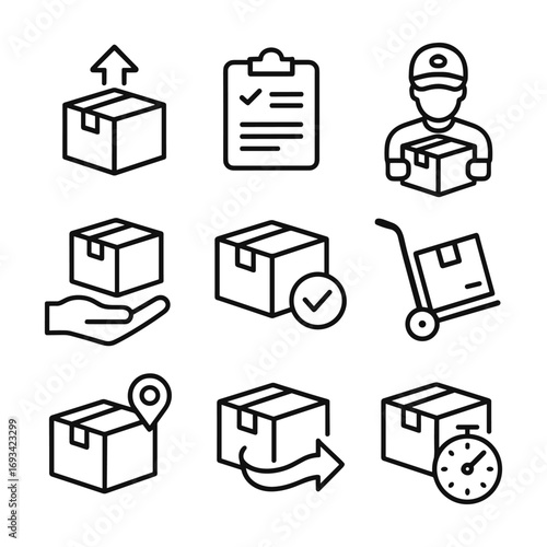 Order fulfillment logistics icons collection. Outline symbols. Line design
