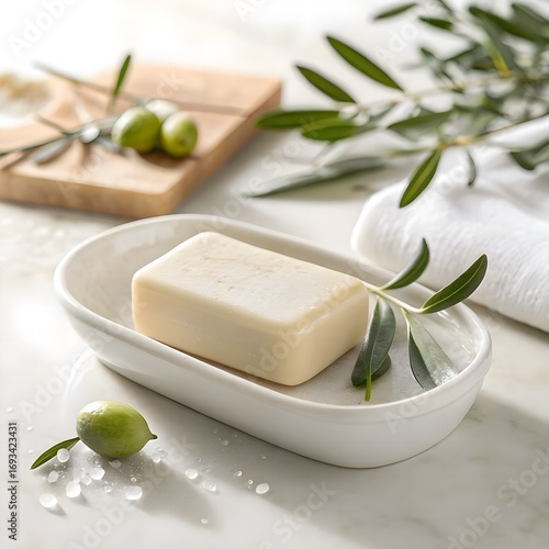 Wallpaper Mural Minimal Soap Display. Clean bar soap with olive leaf on white dish, soft diffused lighting. Torontodigital.ca