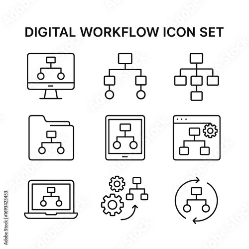 Digital workflow automation icons collection. Outline symbols. Line design