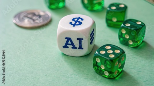 AI dollar dice finance risk data green cube luck gambling weave ai in insurance analytics for smart risk modeling and calm decision
