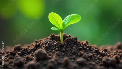 Close-up shot of vibrant green shoots emerging from a sculpted, clay-like mold, illustrating the concept of nurturing life from a formed structure , soil, form, growth