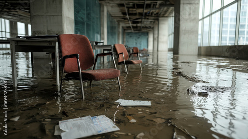 Abandoned office space submerged in water with scattered papers and overturned chairs, illustrating the aftermath of flooding and neglect in a corporate environment