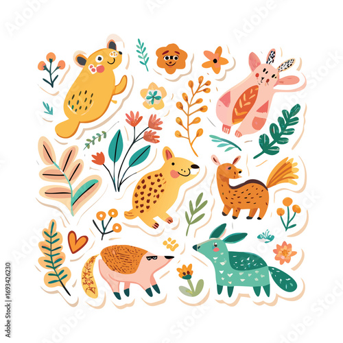 Folk-Art Watercolor Animal Sticker Sheet
