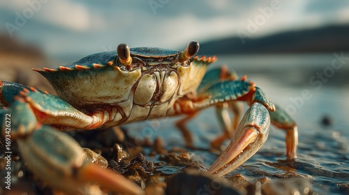 Majestic Blue Crab Posing Proudly on a Rocky Shoreline at Sunset