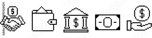 Set pixel finance icon vector for business, accounting, and monetary management. Useful for illustrating a collection of financial tools in a fun, retro, 8-bit aesthetic.