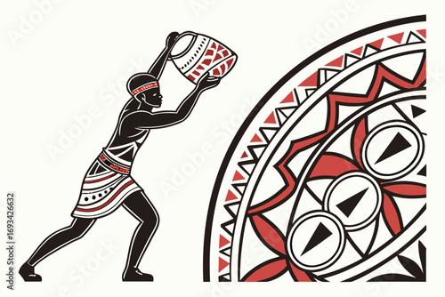 Illustration of a man holding a patterned pot next to a decorative circular pattern design element