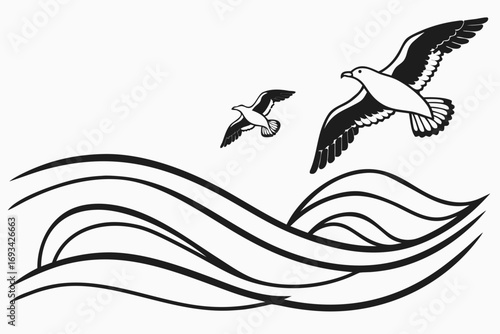 Birds flying over ocean waves in black and white simple line art illustration design vector image