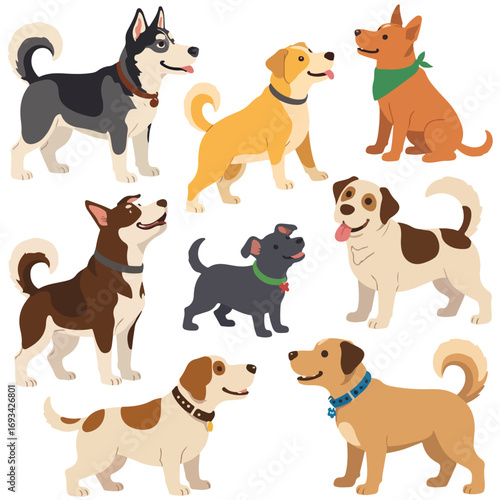Set of cute cartoon dog in different breeds