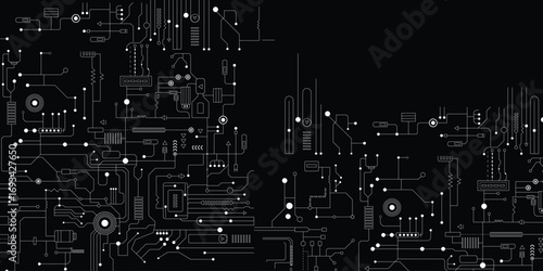 Circuit technology background with hi-tech digital stock illustration. Black and white circuit board seamless background