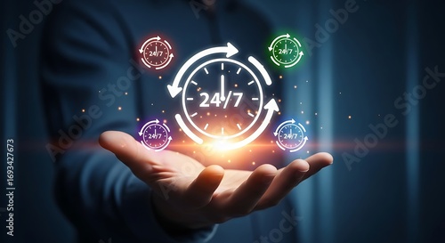 Person holding hand with 24/7 service clock icons and glowing lights support availability