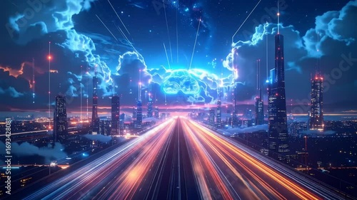Futuristic cityscapes with glowing trails and digital networking visualization background