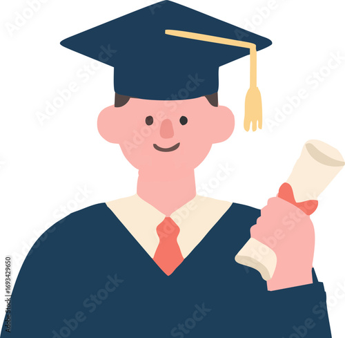 Senyum bahagia seorang lulusan universitas muda dengan gaun hitam dan topi memegang diploma, sebuah pencapaian akademik besar