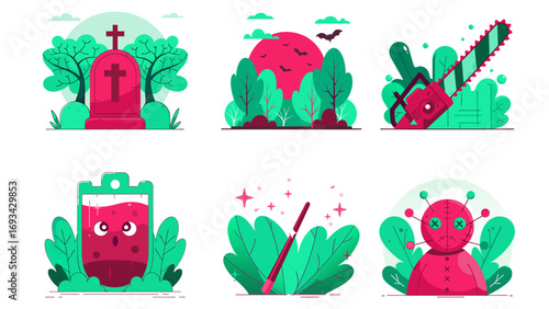 Sinister Illustrations: Spooky vector-style illustrations with a haunted cemetery, full moon, chainsaw, and blood bag, perfect for a chilling Halloween theme.