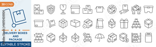Delivery boxes and package, thin line icon set. Symbol collection in transparent background. Editable vector stroke eps 10