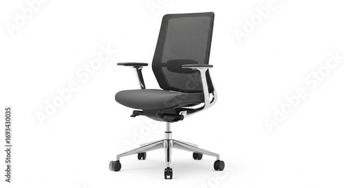Empty modern black mesh office chair with chrome accents, designed for comfort and productivity, isolated on a transparent background, ready for use in a professional workspace.
