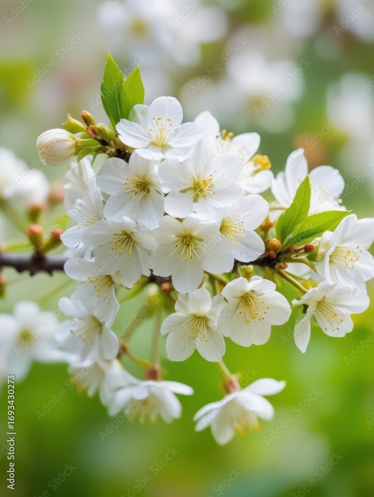 Fototapeta premium White cherry blossoms in full bloom on a lush green branch