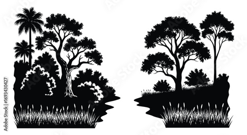 Black and white landscape with trees, shrubs and tall grass silhouette vector design
