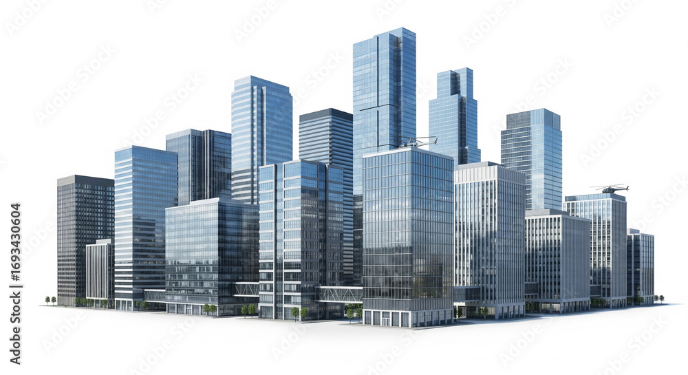 Fototapeta premium Modern city skyline with impressive glass skyscrapers and office buildings against a bright studio sky, showcasing contemporary urban architecture and business development.