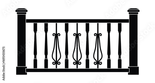 Black Silhouette of Ornamental Railing with Posts and Spindles on White Background, Balustrade